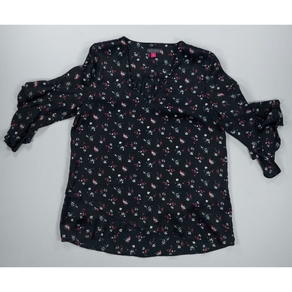 Vince Camuto Women's S Black Floral Ruffle Flutter Sleeve V-Neck Blouse NWOT